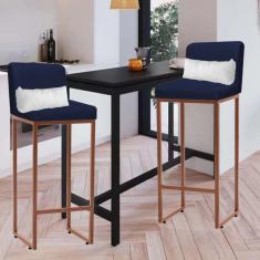 Imagem de Kit 02 Banqueta Alta com Encosto Lucca Industrial Cozinha Balcão Ferro Bronze Sintético Azul Marinho e Almofada Branco - Ahazzo Móveis