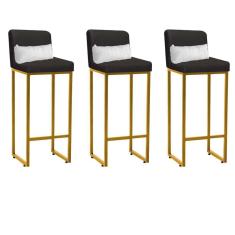 Imagem de Kit 03 Banqueta Alta com Encosto Lucca Industrial Cozinha Balcão Ferro Dourado Corino Cinza e Almofada Branco - Ahazzo Móveis