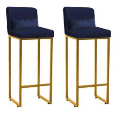 Imagem de Kit 02 Banqueta Alta com Encosto Lucca Industrial Cozinha Balcão Ferro Dourado Suede Azul Marinho e Almofada Azul Marinho - Ahazzo Móveis