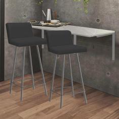 Imagem de Kit Mesa Suspensa de Parede Fixa mdf Marmorizado + 2 Banquetas Lexi Ferro Cinza Sintético Preto - Ahazzo Móveis