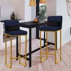 Imagem de Kit 02 Banqueta Alta com Encosto Lucca Industrial Cozinha Balcão Ferro Dourado Suede Azul Marinho e Almofada Preto - Ahazzo Móveis