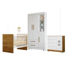 Imagem de Quarto de Bebê com Berço com Suporte, Cômoda 1 Porta 4 Gavetas e Roupeiro Flocos 3 Portas 2 Gavetas Branco/madeirado Ypê