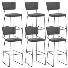 Imagem de Kit 06 Banquetas Alta Para Cozinha Sala Base Em Aço Fixa Allana L02 Linho Cinza Escuro - Lyam Decor
