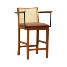 Imagem de Banqueta Média Pérola com Braços com 62cm Altura Mad.Maciça Enc.Telinha Natural Assento Estof.Sintético Amêndoa/Marrom