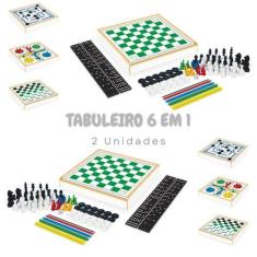 Imagem de Combo 2 Jogos Tabuleiro 6 em 1 Xadrez Damas Trilha Ludo Pega-Varetas D