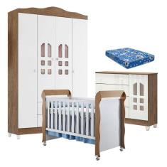 Imagem de Quarto de Bebê New Selena 4 Portas com Cômoda Selena e Berço Mirelle Branco Acetinado Amadeirado e Colchão Ortobom - Carolina Móveis