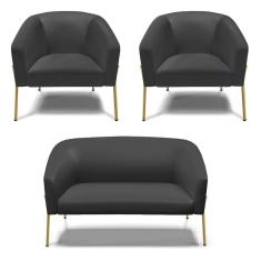 Imagem de Sofá Namoradeira E 2 Poltronas Pé De Ferro Dourado Stella Corino D03 - D`rossi Cor Preto