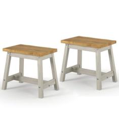 Imagem de Duas Banquetas de Madeira Maciça com Travessa Cinza Lavado