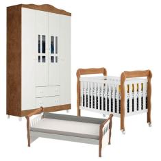 Imagem de Berço Americano Lila Guarda Roupa Ariel 4 Portas E Cama Babá Julia Branco Acetinado Amadeirado - Carolina