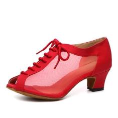 Imagem de SWDZM Sapatos femininos de dança latina com cadarço salsa tango, tênis para prática de dança, modelo L595, L504 - salto vermelho, sola de camurça de 5 cm, 34
