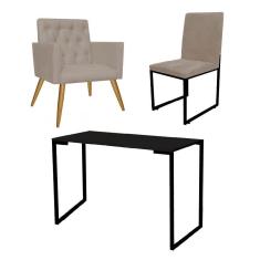 Imagem de Kit Escritório Stan Poltrona Capitonê com Cadeira e Mesa Industrial Tampo Preto Tecido Sintético Bege - Ahz Móveis