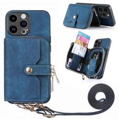 Imagem de Carteira crossbody com porta-cartão capa de telefone para iPhone 13 12 Mini 14 11 Pro Max X XS XR 7 8 Plus Capa de couro PU à prova de choque, azul, para iPhone 11Pro Max