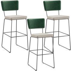 Imagem de Kit 03 Banquetas Altas Cozinha Sala Jantar Fixa Allana L02 Facto Verde Musgo Linho Cru - Lyam Decor
