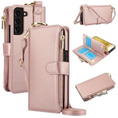 Imagem de Capa carteira para Samsung Galaxy S21 FE, [bloqueio de RFID] [bolso com zíper] [porta-cartão] capa protetora flip de couro PU com corda transversal/pulso/anel capa de telefone masculina e feminina