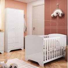 Imagem de Quarto de Bebê com Guarda Roupa e Berço Americano 100% MDF Ayla Branco Brilho