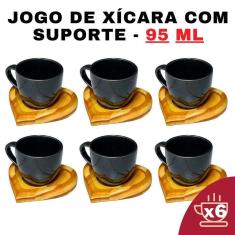Imagem de Kit Porta Xícara Coração Com Xícara Porcelana Preto 95Ml