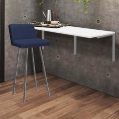 Imagem de Kit Mesa Suspensa de Parede Fixa MDF Branco + 1 Banqueta Lexi Ferro Prata Suede Azul Marinho - Ahazzo Móveis