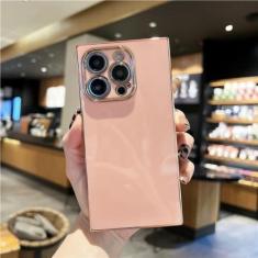 Imagem de Capa de telefone colorida com moldura quadrada revestida de luxo para iPhone 15 14 13 12 11 Pro X Xs Xr Max 7 8 Plus SE Capa traseira macia à prova de choque, rosa, para iPhone 13