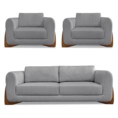 Imagem de Kit 2 Poltronas e Sofá Living 2 Lugares 1,60m Lottus Linho Grafite Pés