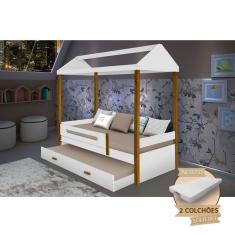 Imagem de Beliche Montessoriana Infantil Sara Solteiro Com Colchões Branco/Amêndoa Branco