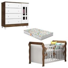 Imagem de Berço Americano Lara e Cômoda Ariel Branco Acetinado Amadeirado com Co