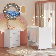 Imagem de Quarto de Bebê Doce Sonho com Cômoda 777 e Berço Simples 1 c/ Rodízios Qmovi Branco + Colchão Ortobom