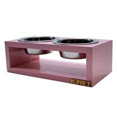 Imagem de Comedouro Duplo De Madeira Com Potes Inox Para Gatos E Cachorros Rosa