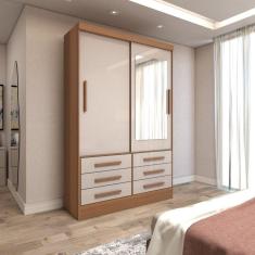 Imagem de Guarda-Roupa Solteiro Guaianases 2 Portas 6 Gavetas com Espelho Cinamomo/Off White - Panorama Móveis