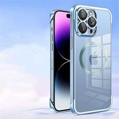 Imagem de Estojo sem moldura transparente galvanizado para iPhone 14 Pro Max 12 13 Pro Max 14 Plus Capa magnética de carregamento sem fio, azul pico, para iPhone 13