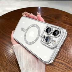 Imagem de Capa luxuosa de diamante macio TPU transparente brilhante para iPhone 15 11 12 13 14 Pro Max Plus capa magnética de carregamento sem fio, prateada, para iPhone 12 ProMax