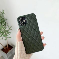 Imagem de Capa de telefone de couro duro com treliça de proteção de pára-choques de luxo para iPhone 13 12 Pro Max 7 8 Plus X XS XR 11 SE 2022 Capa de lente de metal, verde exército, para iPhone 12Pro