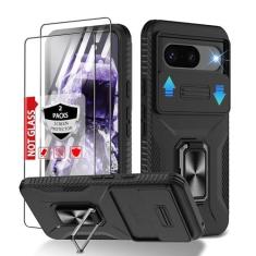 Imagem de Capa para Google Pixel 8 com capa para câmera deslizante + [2 pacotes] protetor de tela, capa de telefone Bulit em anel magnético giratório com suporte resistente à prova de choque para Google Pixel