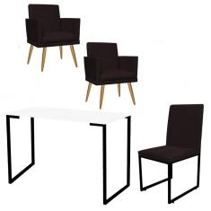 Imagem de Kit Escritório Stan 2 Poltronas Rodapé com Cadeira e Mesa Industrial Branco Preto Suede Marrom - Ahz Móveis