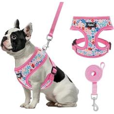Imagem de PUPTECK Conjunto de coleira respirável para cães pequenos e gatos, colete macio ajustável para filhotes sem puxar com padrão floral