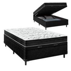 Imagem de Cama Box Baú Casal Sintético Preto Colchão De Espuma Semi Ortopédica E