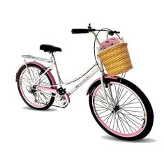 Imagem de Bicicleta Aro 26 retrô cesta 6 marchas mary branco com rosa