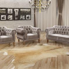 Imagem de Conjunto Sofá Duquesa Chesterfield 2 Lugares e 2 Poltronas Cinza Capuccino
