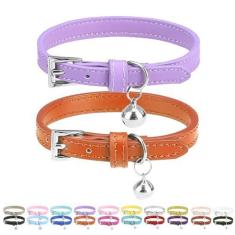 Imagem de Coleira de gato PUPTECK 2 peças de couro macio, laranja, roxo, preto, cáqui, rosa, azul