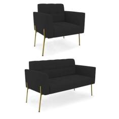 Imagem de Sofá Namoradeira e Poltrona Base Pé de Ferro Dourado Elisa Veludo Preto D03 - D'Rossi