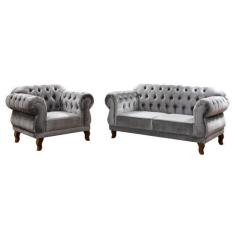 Imagem de Conjunto Sofá Namoradeira Elisabeth Chesterfield Capitone Suede Cinza