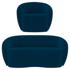 Imagem de Sofá 3 Lugares Living 180cm E 1 Poltrona Giratória Garbin K04 Veludo Azul Marinho - Mpozenato