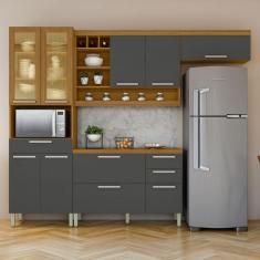 Imagem de Cozinha Completa Burguesa Premium 9 Portas 4 Gavetas com Vidro 100% Mdf Freijó/Grafite - Nesher