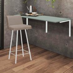Imagem de Kit Mesa Suspensa de Parede Fixa MDF Verde Oliva + 1 Banqueta Lexi Ferro Branco Sintético Bege - Ahazzo Móveis