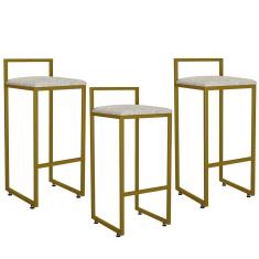 Imagem de Kit 03 Banquetas Alta Para Cozinha Sala De Jantar Hanna L02 Dourado Linho Bege - Lyam Decor