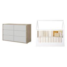 Imagem de Berço com Colchão e Comoda Montessoriano Casinha Coleção Wood Branco/T