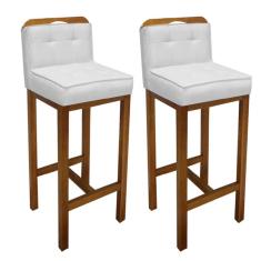 Imagem de Kit 02 Banqueta Alta Com Encosto Agnes Cozinha Balcão Bistrô Base Madeira Castanho Tecido Sintético Branco - Ahazzo Móveis
