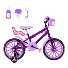 Imagem de Bicicleta Infantil Feminina Aro 16 Nylon + Kit Passeio E Cadeirinha Cor Violeta E Lilás