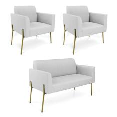 Imagem de Sofá Namoradeira E 2 Poltronas Pé De Ferro Dourado Marisa Linho D03 - D`rossi Cor Cinza