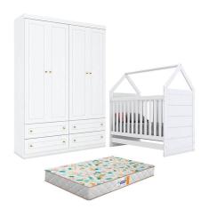 Imagem de Berço Montessoriano Americano E Guarda Roupa Infantil Mississipi 4 Portas Branco Com Colchão Gazin