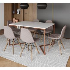 Imagem de Mesa Industrial Retangular Branca Base V Cobre 137x90cm com 6 Cadeiras Madeira Estofadas Nude Médio